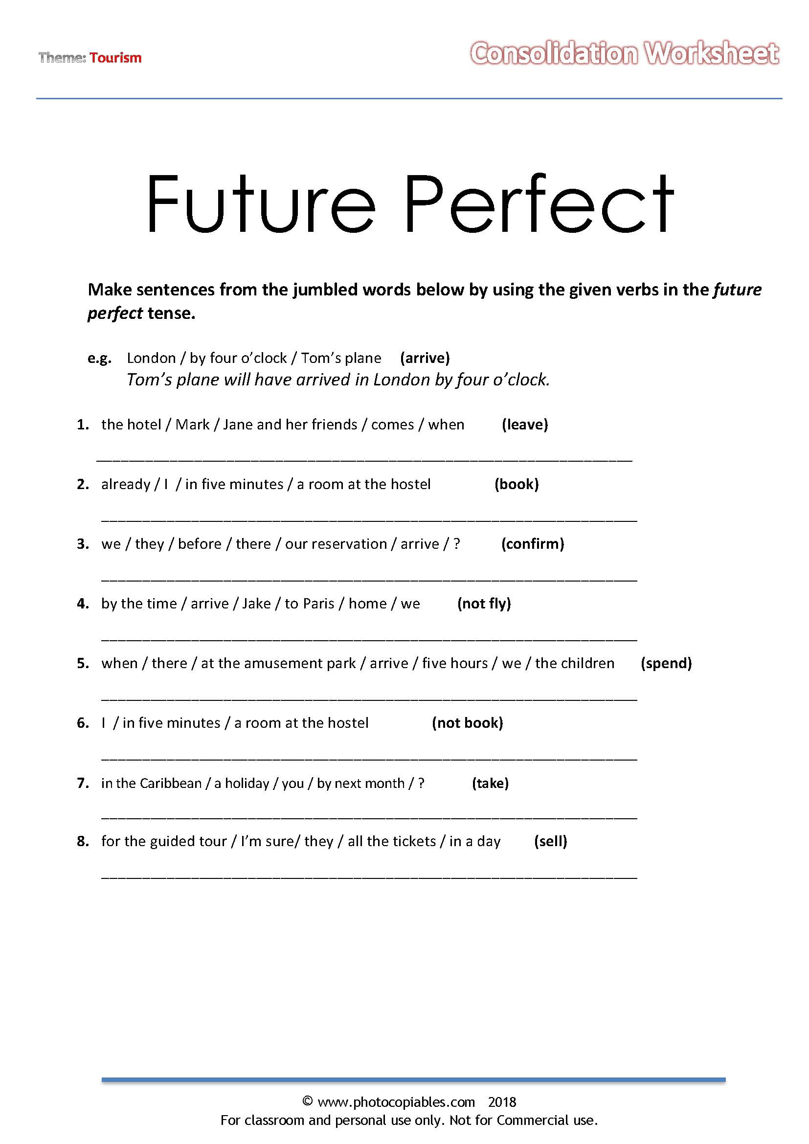 future perfect jumbled sentences consolidation worksheet