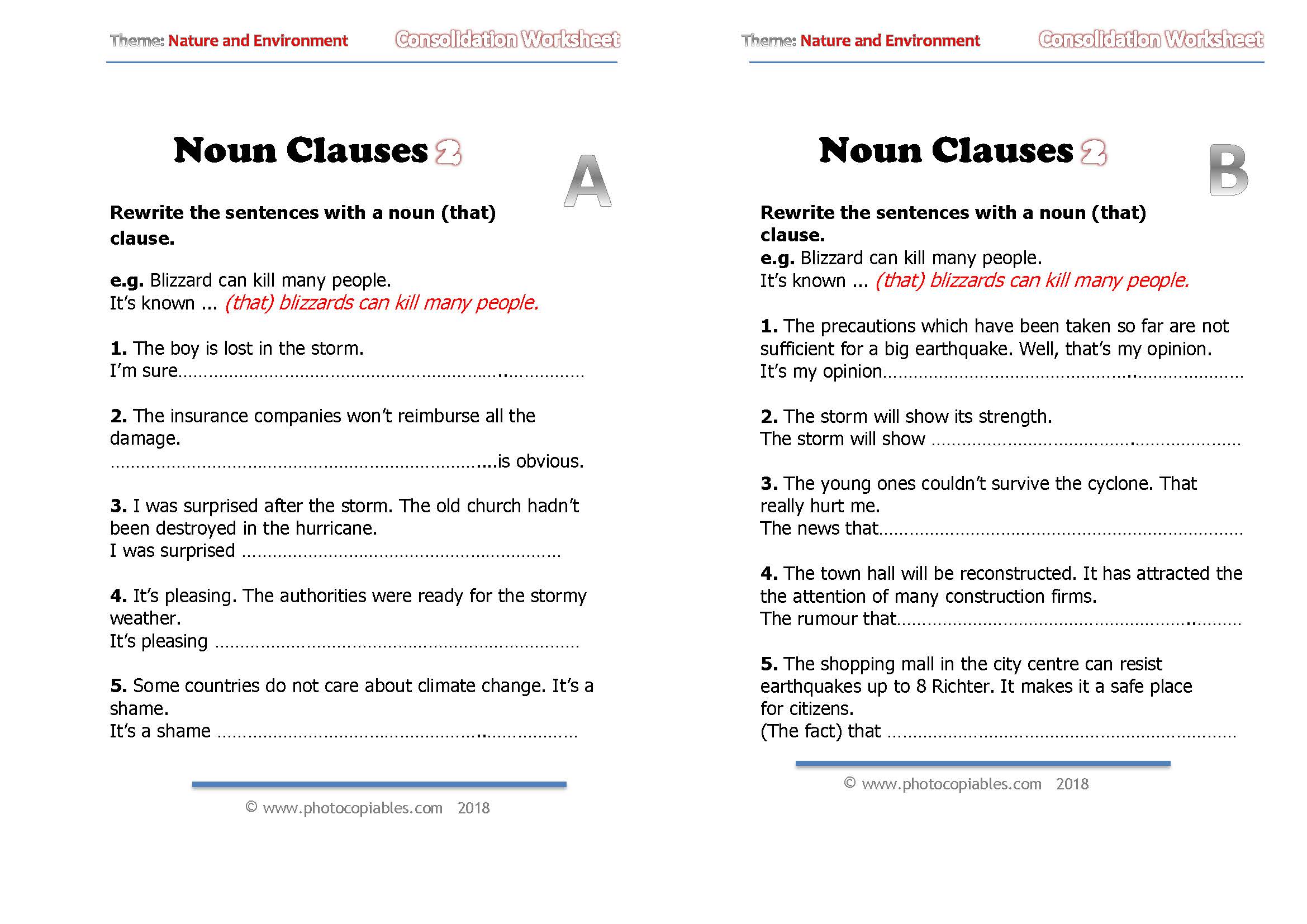 noun clauses consolidation worksheet 2_a-b versions