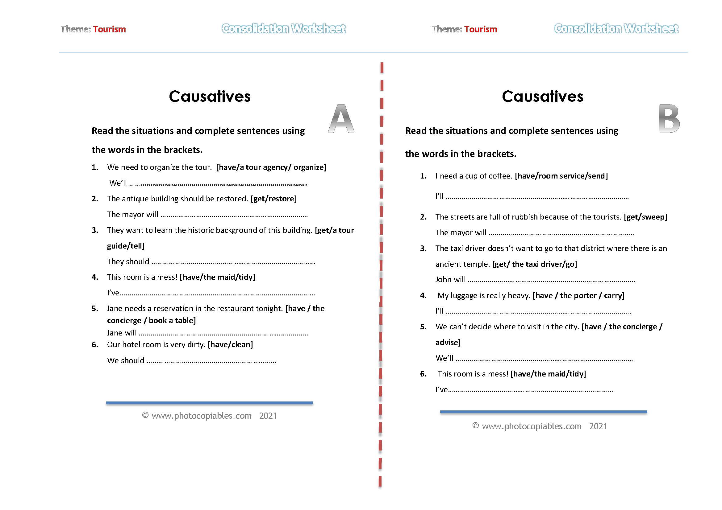 Causatives worksheet a-b versions