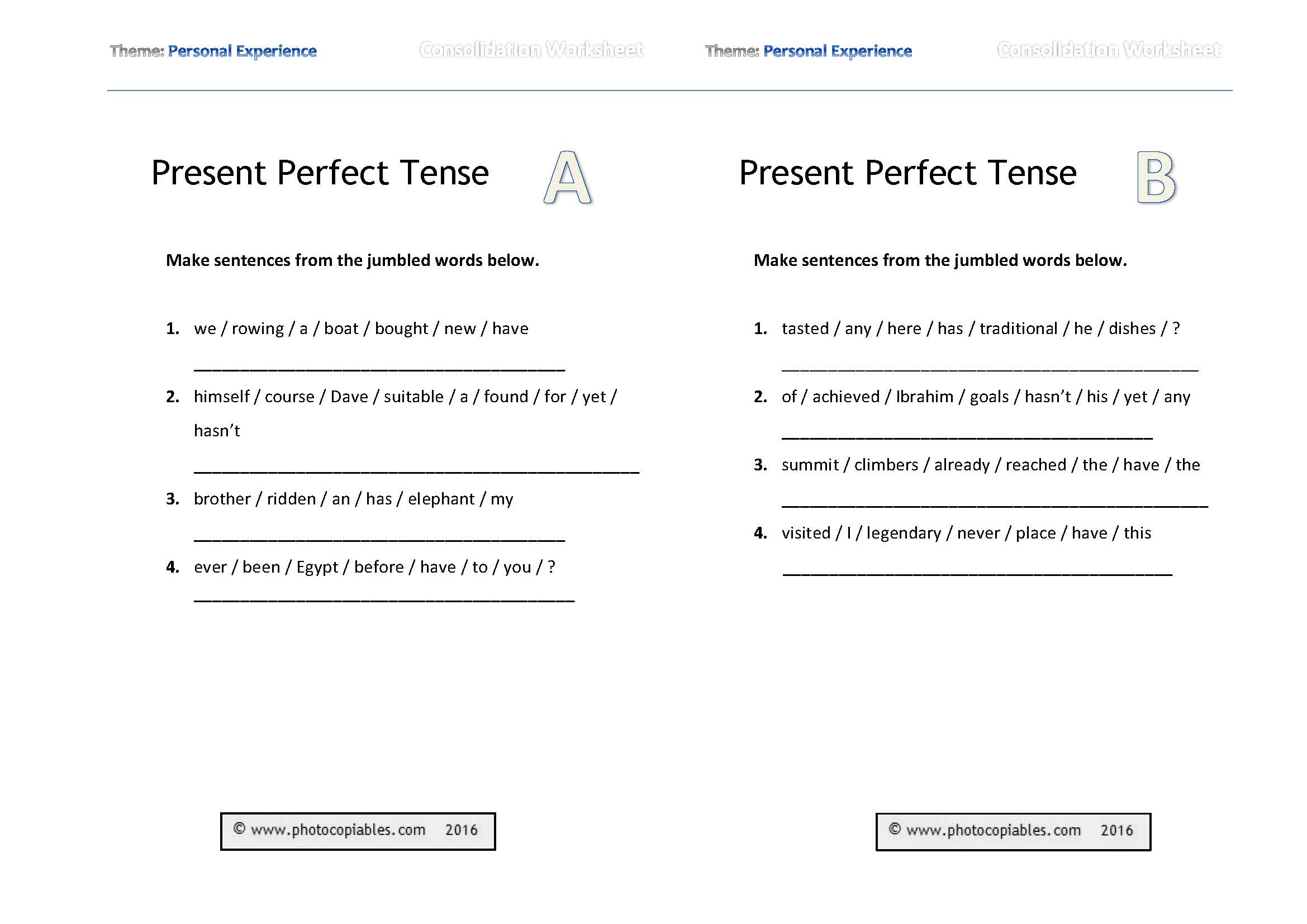 present perfect forms personal experience consolidation worksheet_a-b versions