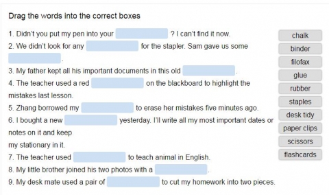 School objects vocabulary online quiz